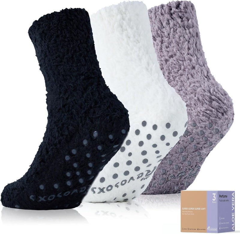Revosoxs Fuzzy Socks with Grips for Men Women,Non Slip Fluffy Hospital Crew Cozy Warm Socks with Aloe Vera Moisturize - Image 1
